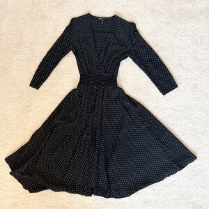 Maje Black White Polka Dot Quarter-Sleeve Fit and Flare V-neck Midi Dress